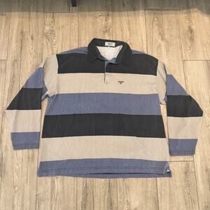 Vintage Guess made in USA Striped Rugby Polo Shirt XL Blue Tan Black Long Sleeve